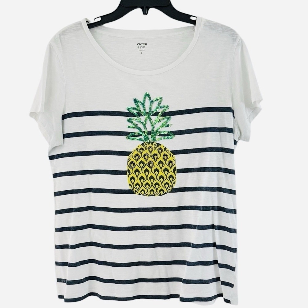Crown & Ivy Womens Tee Shirt L Large Sequin‎ Pineapple Blue Stripe Short Sleeve